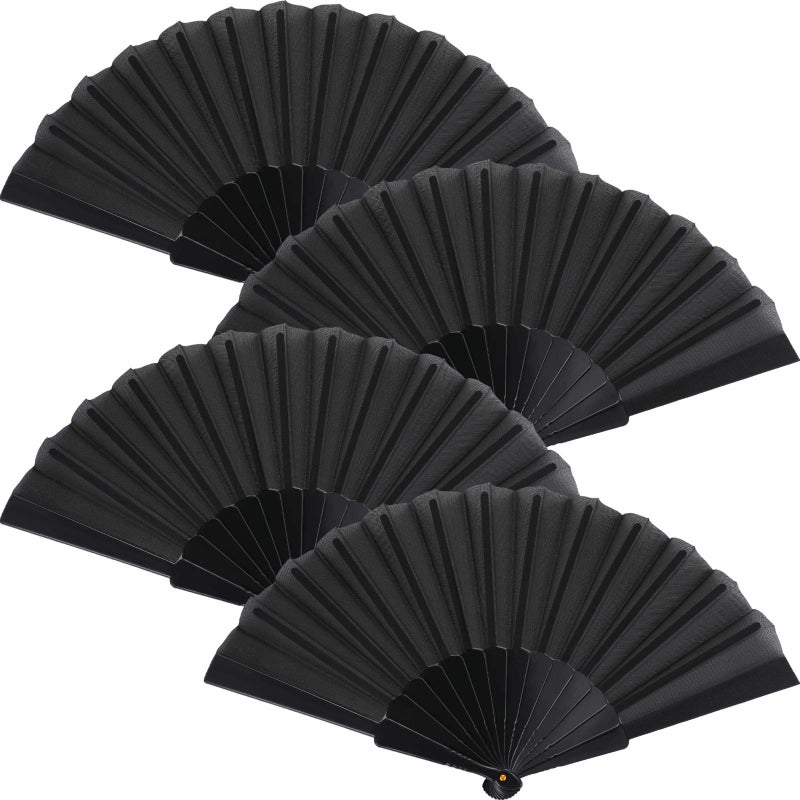 Blulu 4 Pieces Handheld Folding Fan Small Chinese Hand Fans in Oriental Cloth Fabric for Dancing, Party, Wedding Gifts, Craft DIY, Home Decorations(Black) - Image 1